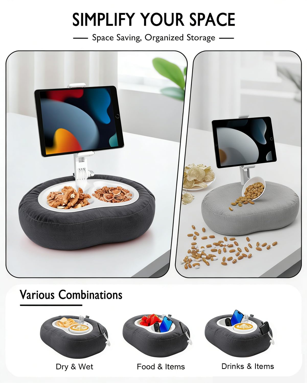Miledi Tablet Pillow Stand for Bed with Detachable Snack Bowl, Black - View 3