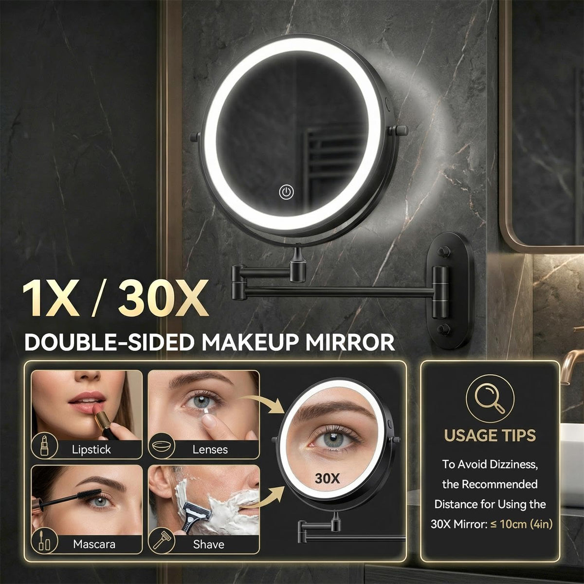 Auxmir 1X 30X Wall Mounted Makeup Mirror 8 Rechargeable - Auxmir Official Imagery - 4
