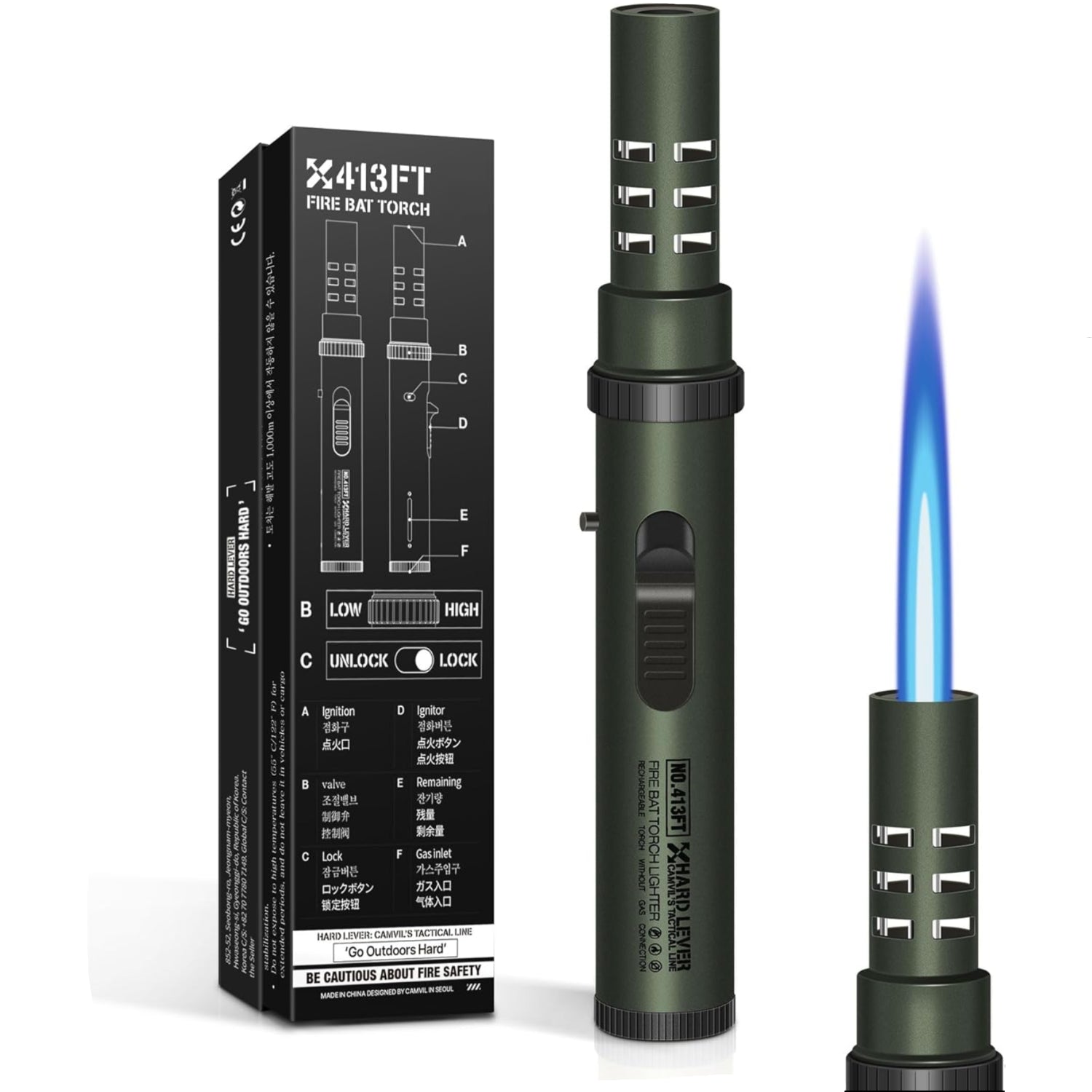 CAMVIL camping lighter with windproof jet flame, refillable butane torch lighter ideal for outdoor camping and survival.