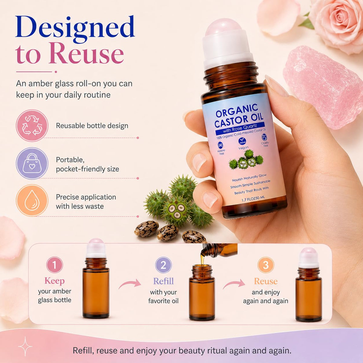 Organic Castor Oil Rose Quartz Roller Ball 100 Cold Pressed - SDXJIOGE Official Imagery - 6