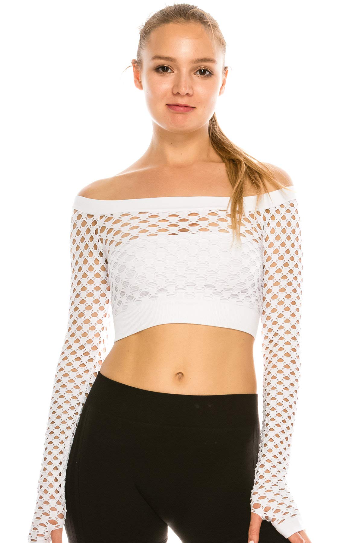 Kurve Stretchy Fishnet Long Sleeve Crop Top, UV Protective - Product Imagery