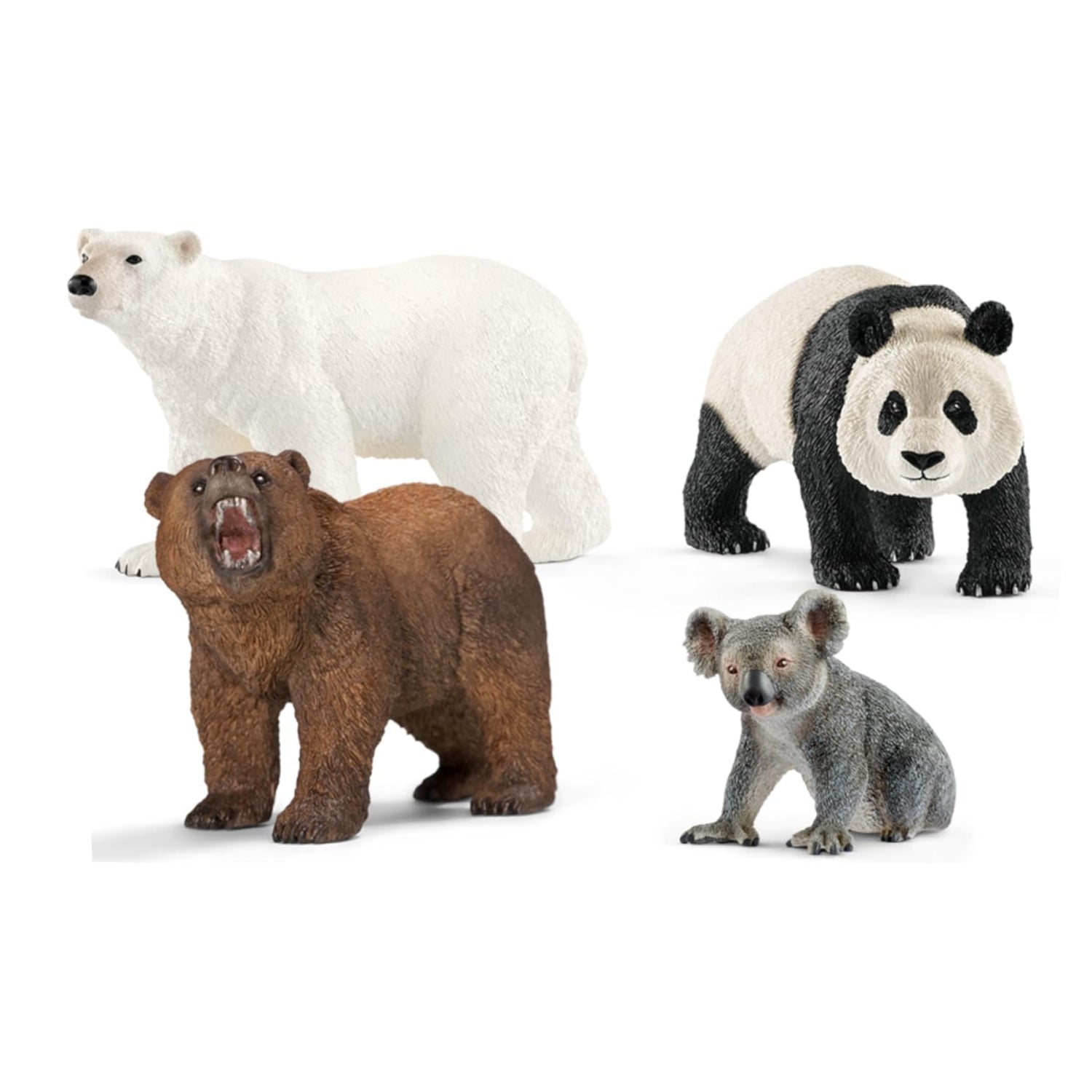 Schleich Wild Life bear toy set featuring realistic panda, koala, grizzly, and polar bear figures for imaginative play.
