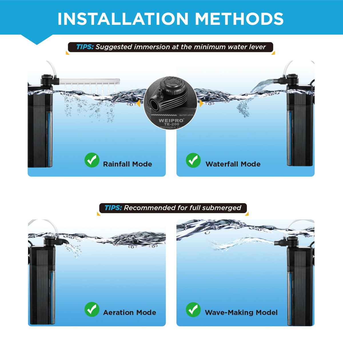Internal Fish Tank Filter 12W Adjustable Water Flow - Weipro Official Imagery - 7