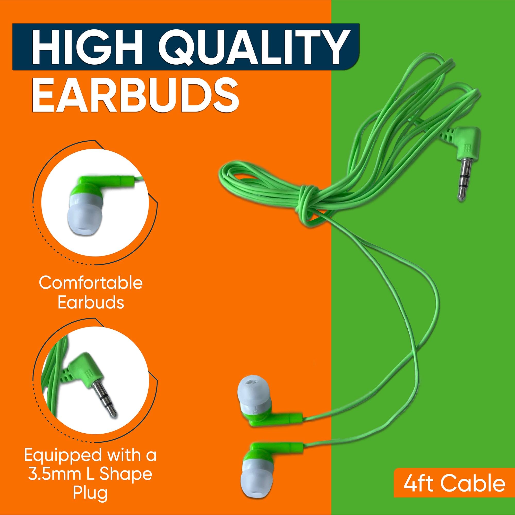 Redskypower 10-pack wired in-ear headphones with 3.5mm jack, 4ft tangle-free cable, comfortable fit for school testing and student events.