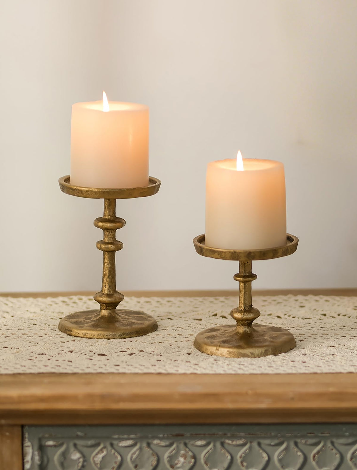 NUPTIO Gold Candle Holders for Pillar Antique Brass Cast - NUPTIO Official Imagery - 1
