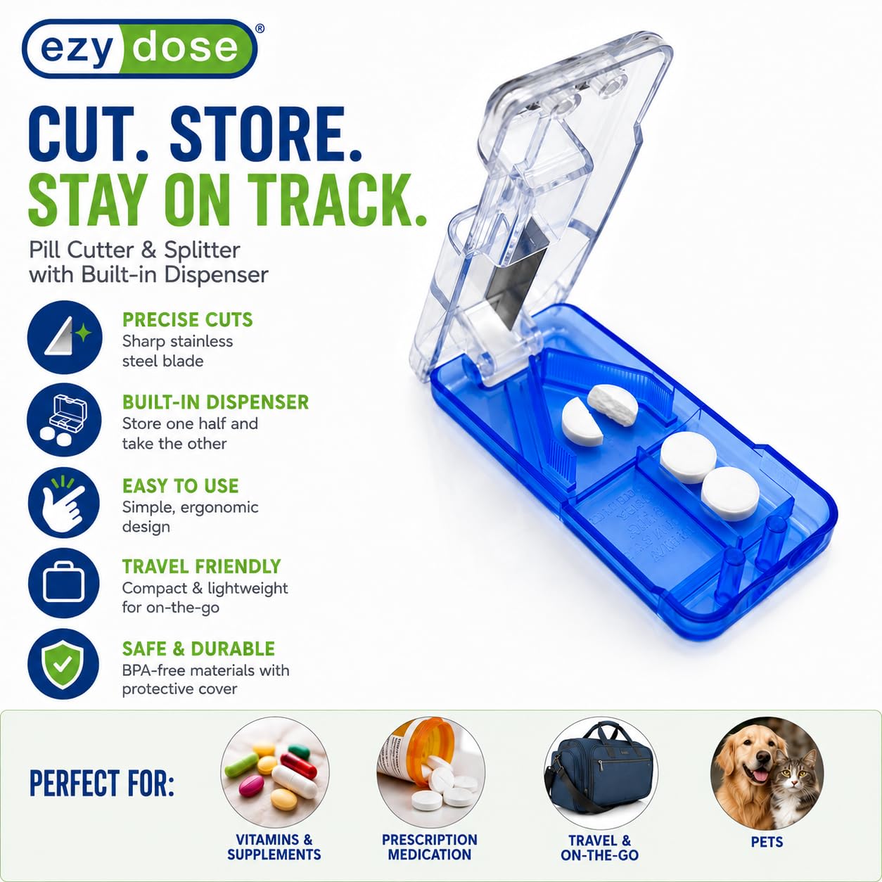 Ezy Dose Pill Cutter and Splitter with Built-in Pill Dispenser, E - EZY DOSE Official Product View 2