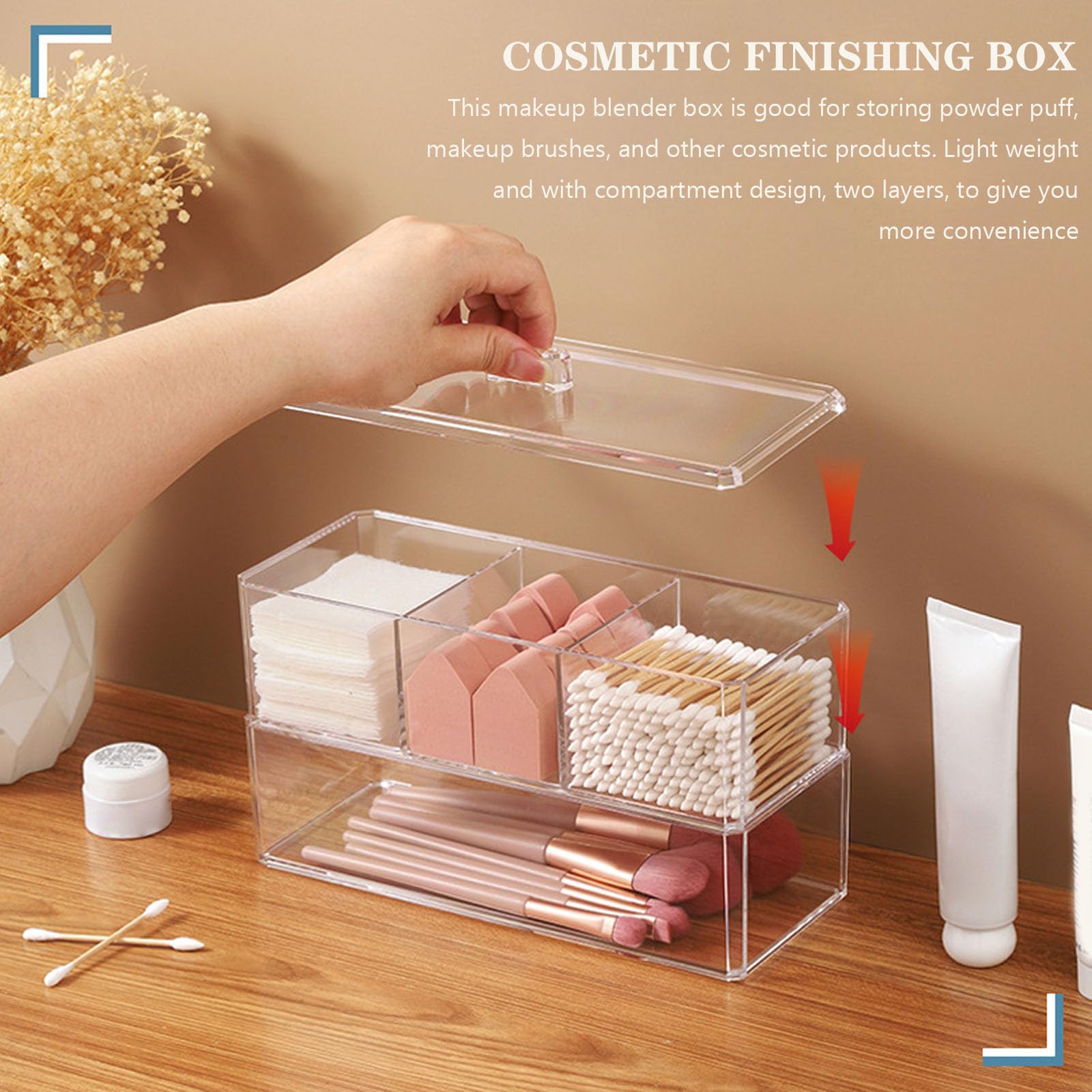 MAGICLULU 2-layer acrylic makeup puff and sponge organizer caddy with compartments for cosmetics and tools.