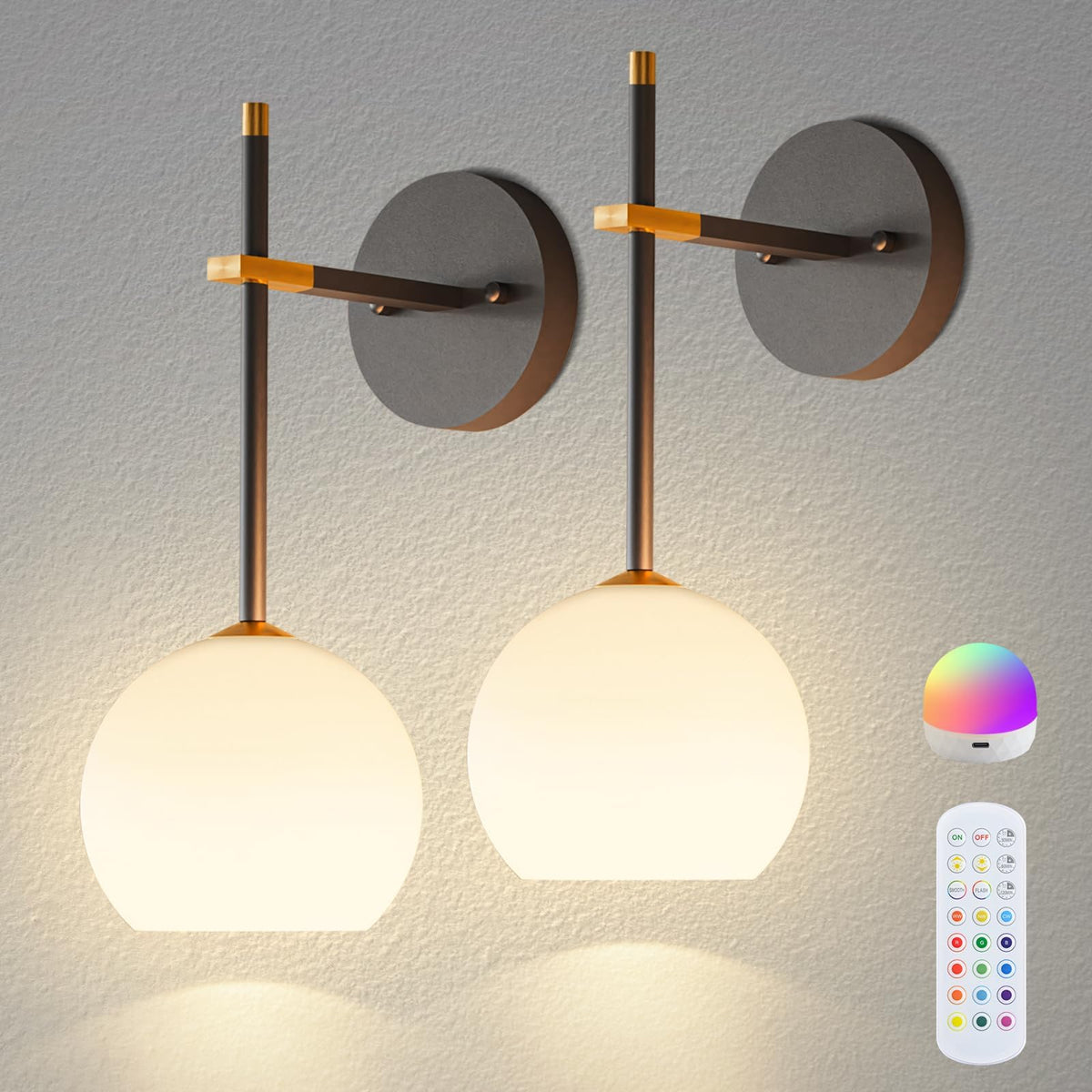 Black and Gold Battery Operated Wall Sconces Set of 2 - Rayspan Official Imagery - 2