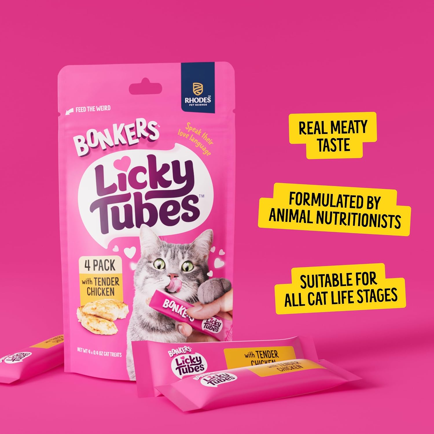 Bonkers Licky Tubes cat treats featuring tender chicken flavor and real meat, shown in a resealable package.
