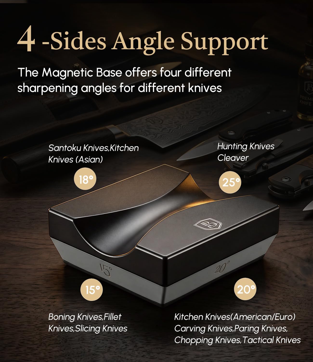 Lebof rolling knife sharpener with diamond disc, magnetic base, and four sharpening stages for precise kitchen knife honing.