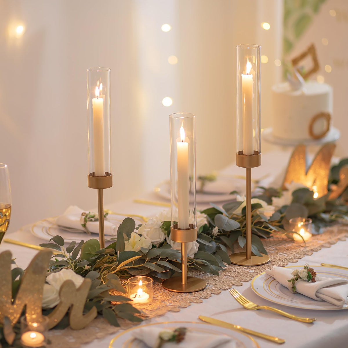 Romadedi Glass Hurricane Candle Holders for Candlestick Gold - Romadedi Official Imagery - 6