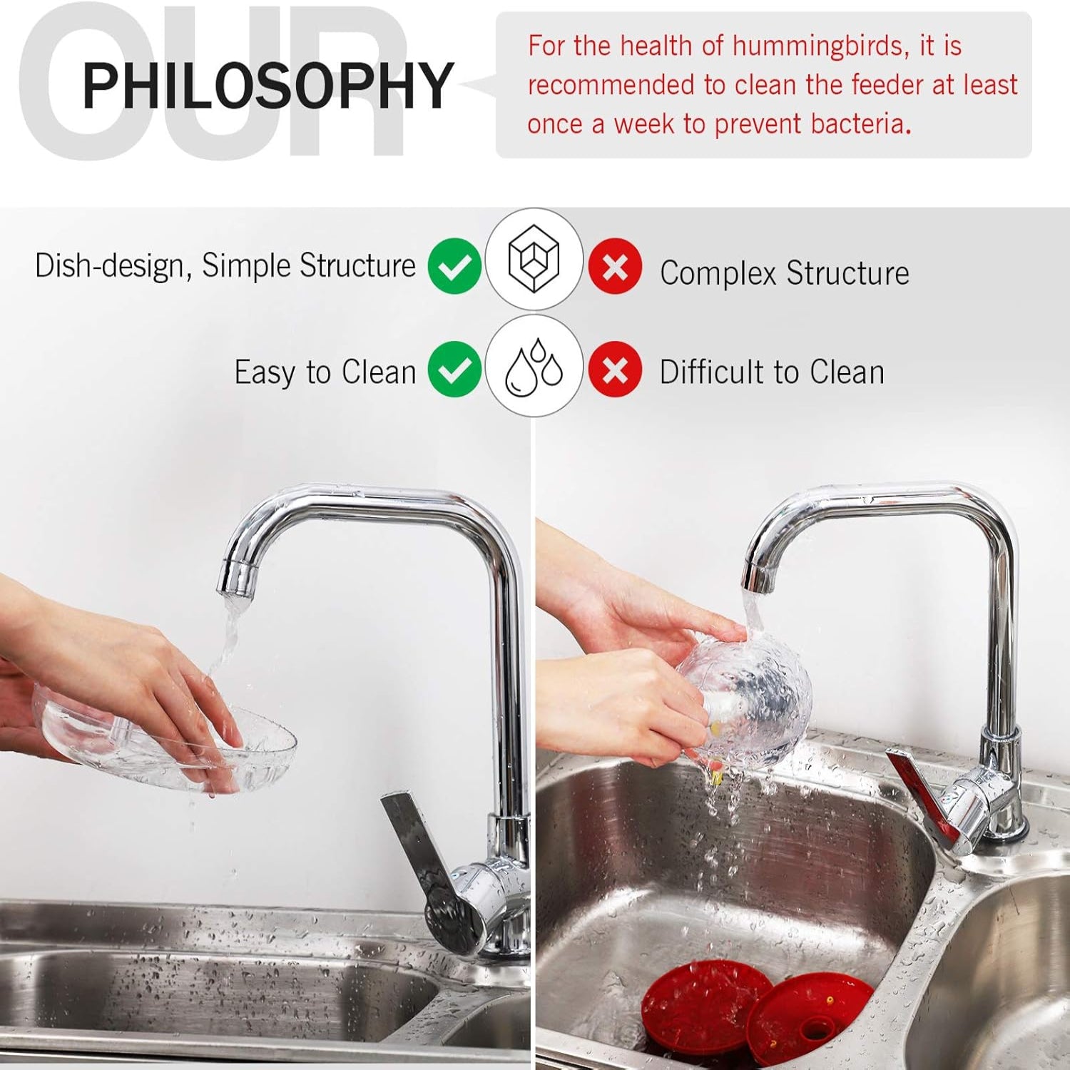 eWonLife 2-pack hummingbird feeders with 16oz capacity, leak-proof saucers, 5 feeding ports, ant moat, and easy-clean design.