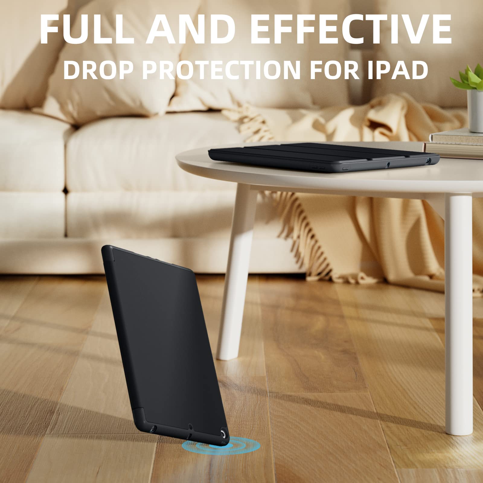 Black Akkerds iPad 9th/8th/7th generation case with protective cover for 10.2-inch tablet, showing the sleek, snug fit and material.