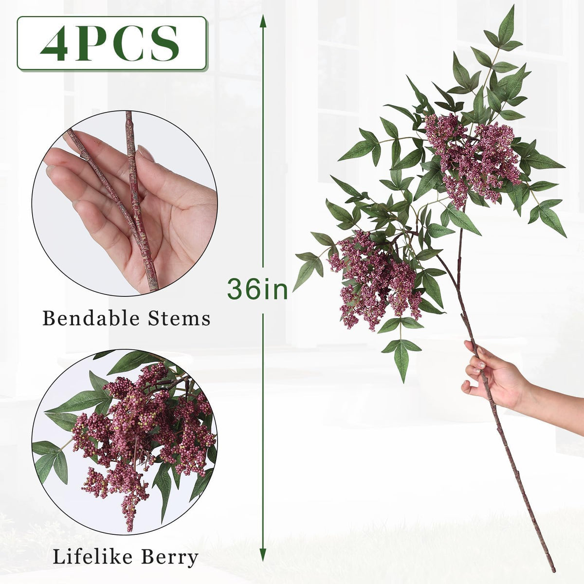 4 Pcs 36 Artificial Nandina Berry Stem Fake Branches for - Juxdp Official Imagery - 7