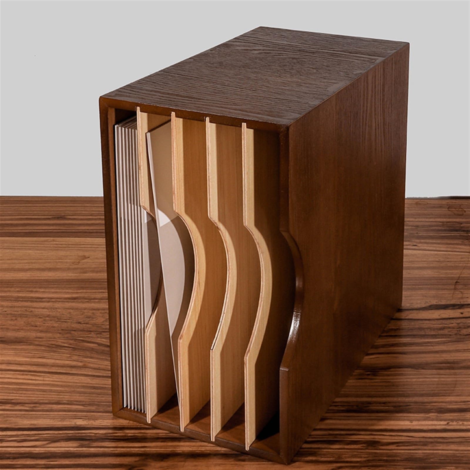 Oak vinyl record storage rack with removable partition holding up to 40 records, compact tabletop CD and vinyl record box case.