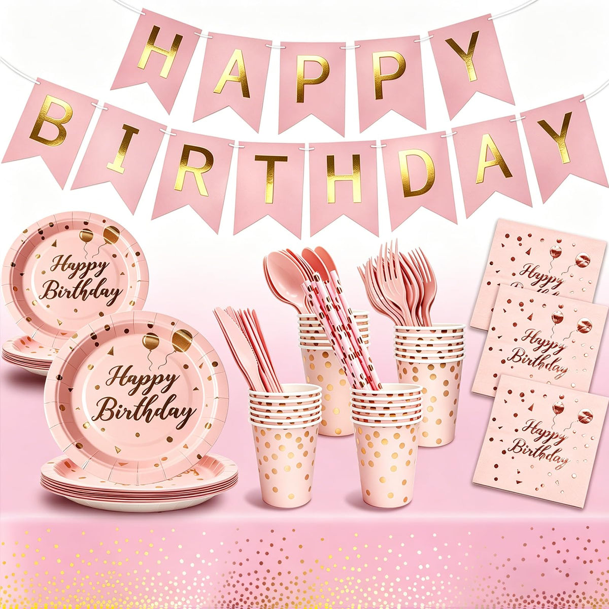 Birthday Decorations Supplies 194 Pcs Pink Rose Gold - Ricalin Official Imagery - 1