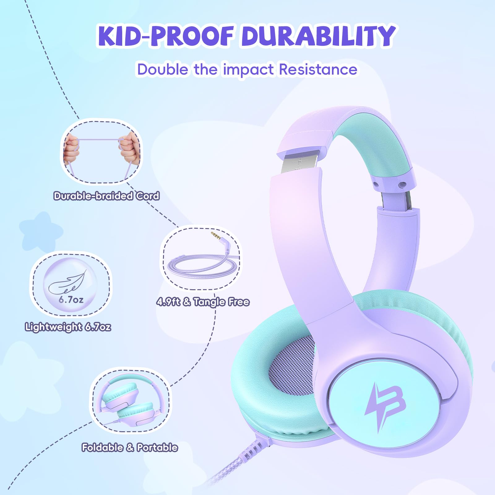 Purple wired kids headphones from Botesty Sound with a 3.5mm jack, safe volume limit, and built-in microphone for school use.