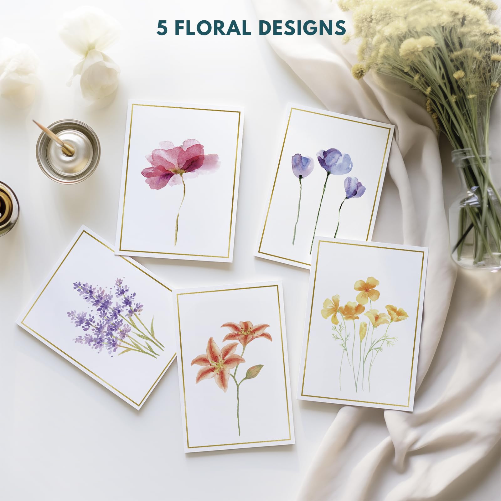 Blank Cards 30-Pack Gold Foil Floral Note Cards with Envelopes