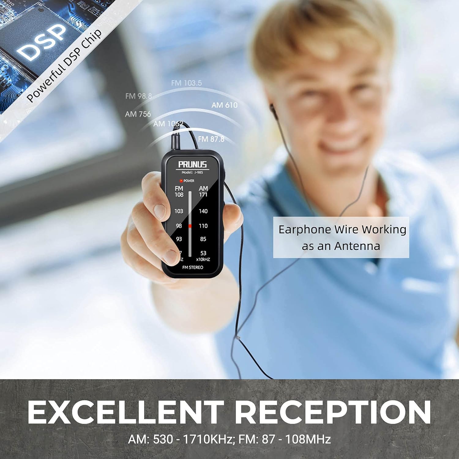 Portable PRUNUS pocket radio with AM/FM stereo tuning, compact design, and battery operation for on-the-go listening.