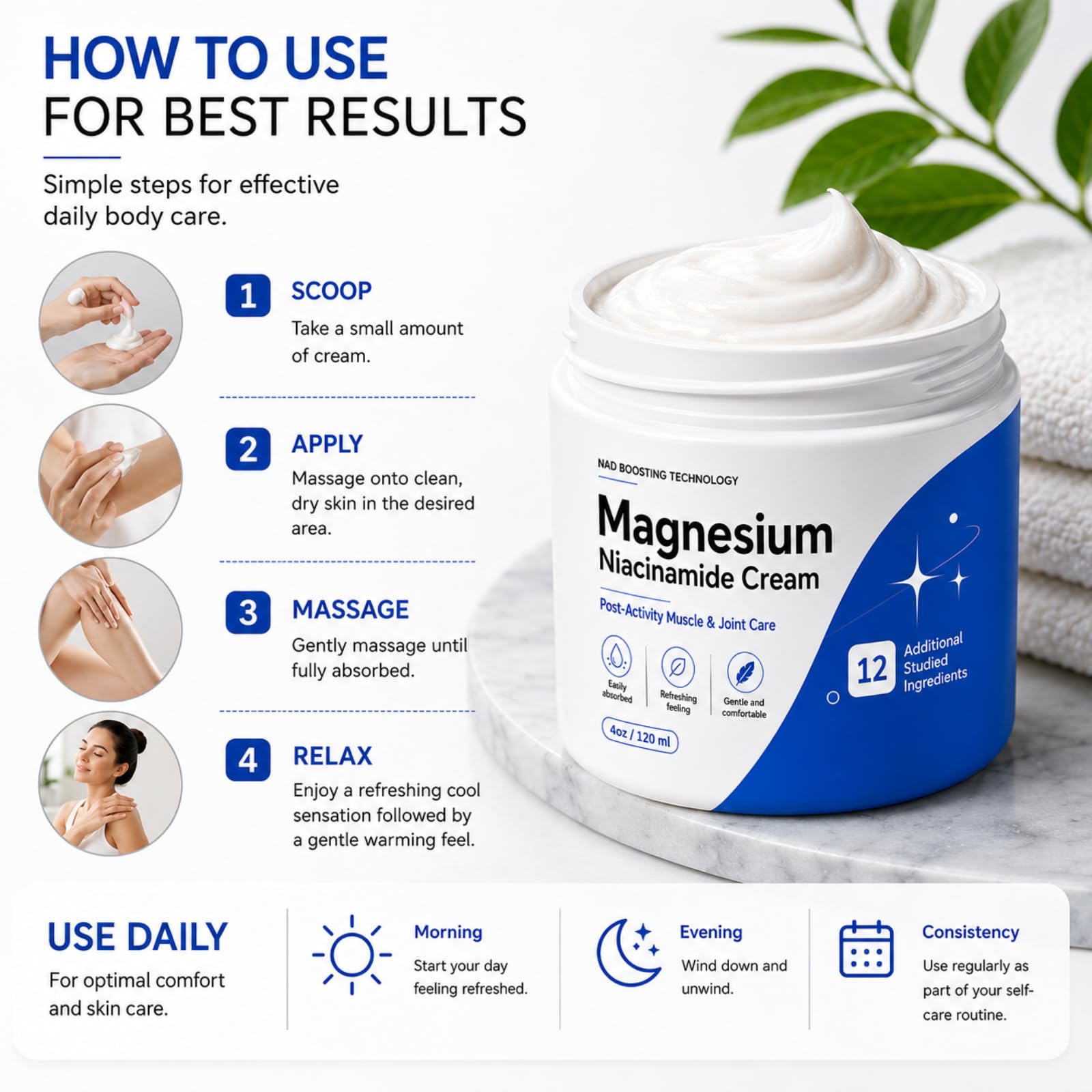 Magnesium Niacinamide Relief Cream- Magnesium Chloride & Niacinamide Body Cream, Cooling Moisturizing Formula for Neck, Back, Knees, Legs & Feet, Lightweight Fast-Absorbing Non-Greasy Skin Care, 4 oz