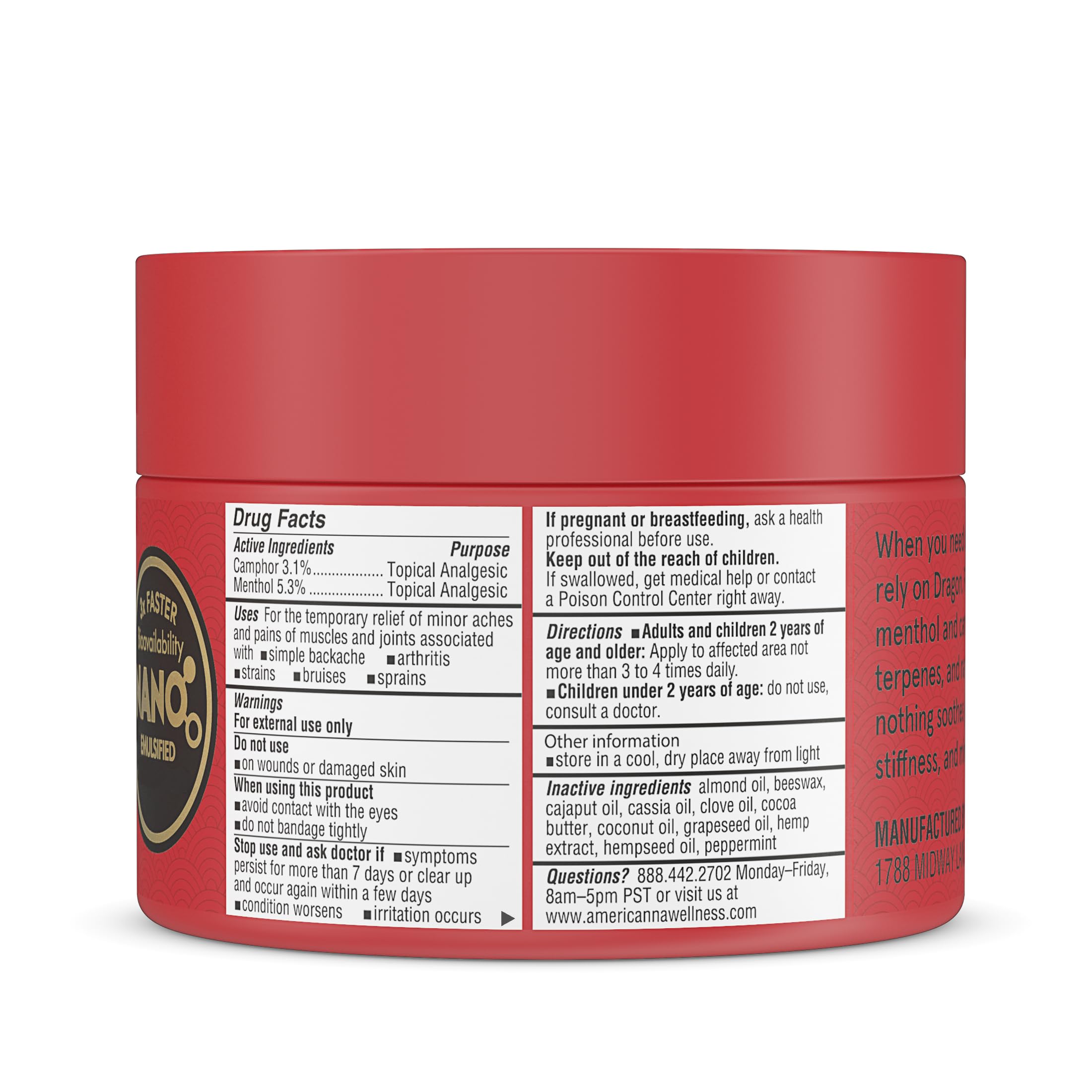 Americanna Wellness Dragon Balm 2oz skin moisturizer in a red container, designed for soothing and nourishing skin care.