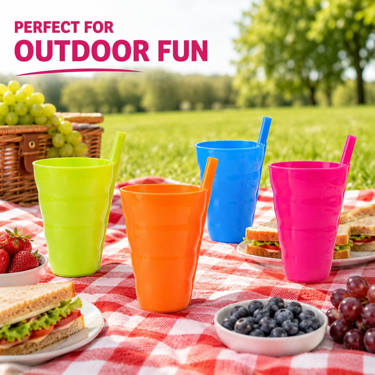 Basicwise Set of 4 Reusable 10 oz Plastic Cups with Built In - Basicwise Official Imagery - 4