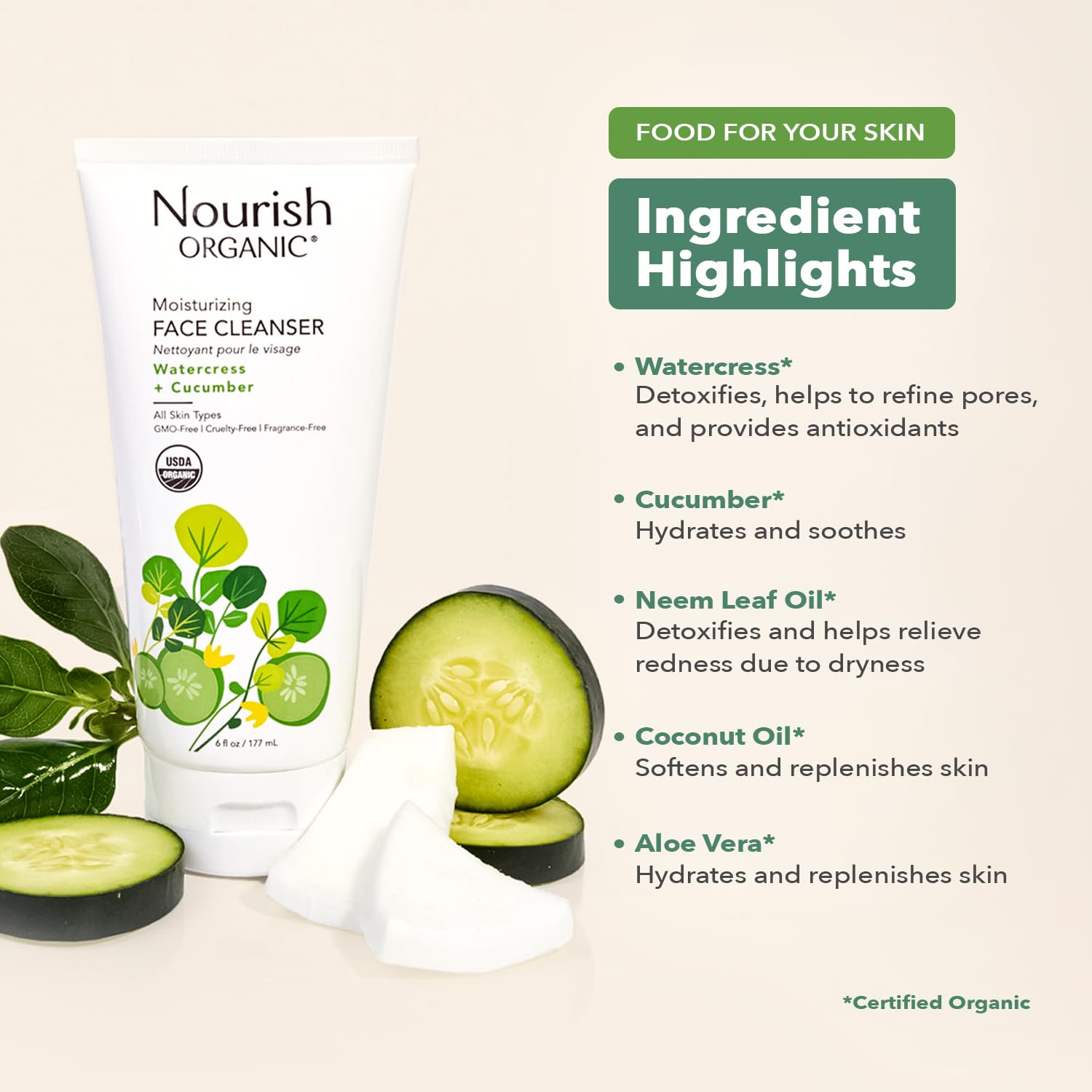 Nourish Organic Face Cleanser + Face Lotion Set – Lightweight, - Nourish Organic