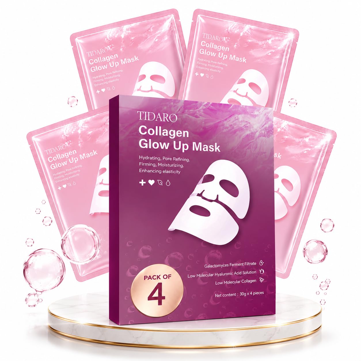 Premium 4 Masks Collagen Face Overnight Korean Hydrating Facial - TIDARO