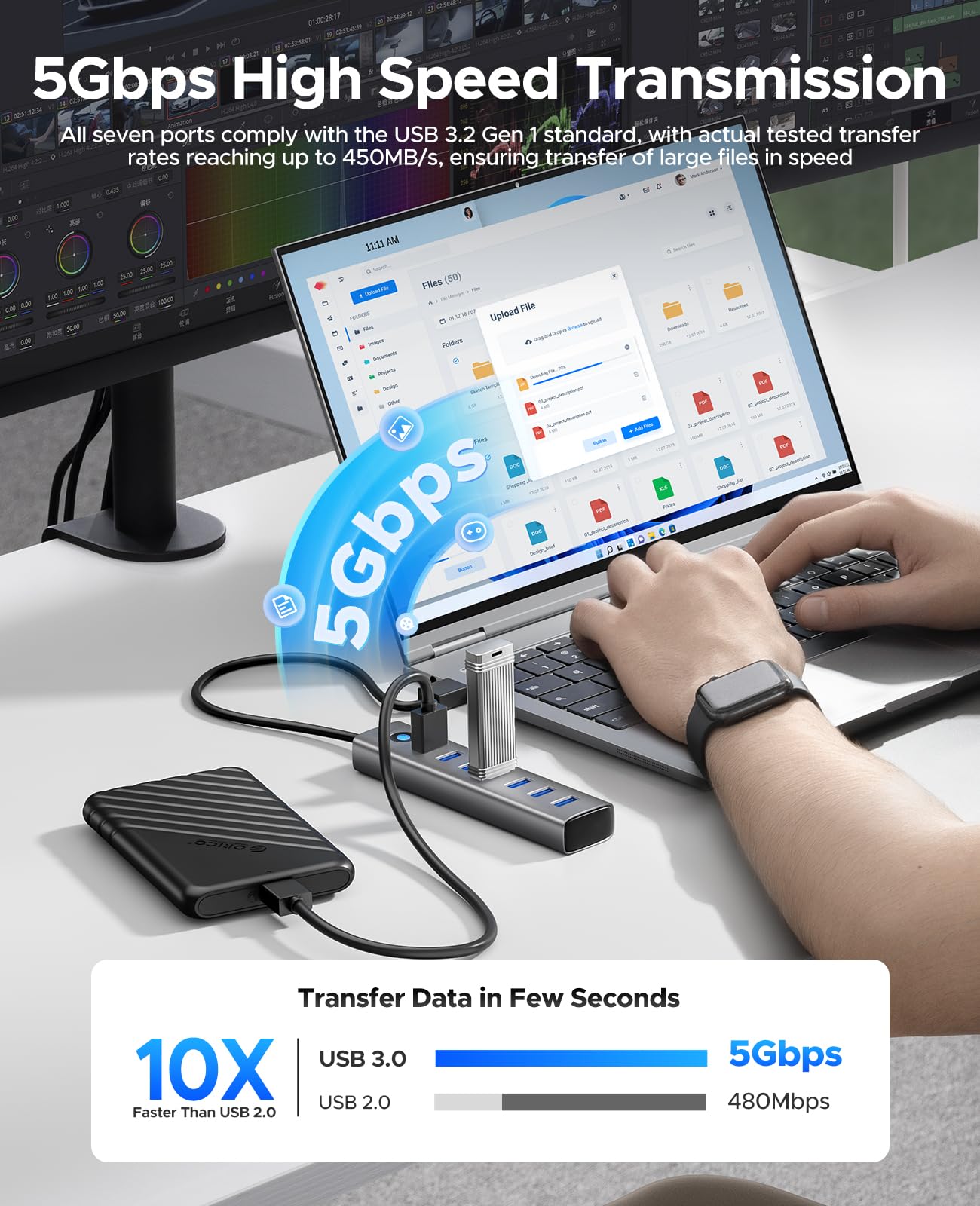 ORICO 7-port USB 3.0 hub with aluminum design, multiple USB splitter, long cable, suitable for desktop PCs, flash drives, and mobile HDDs.