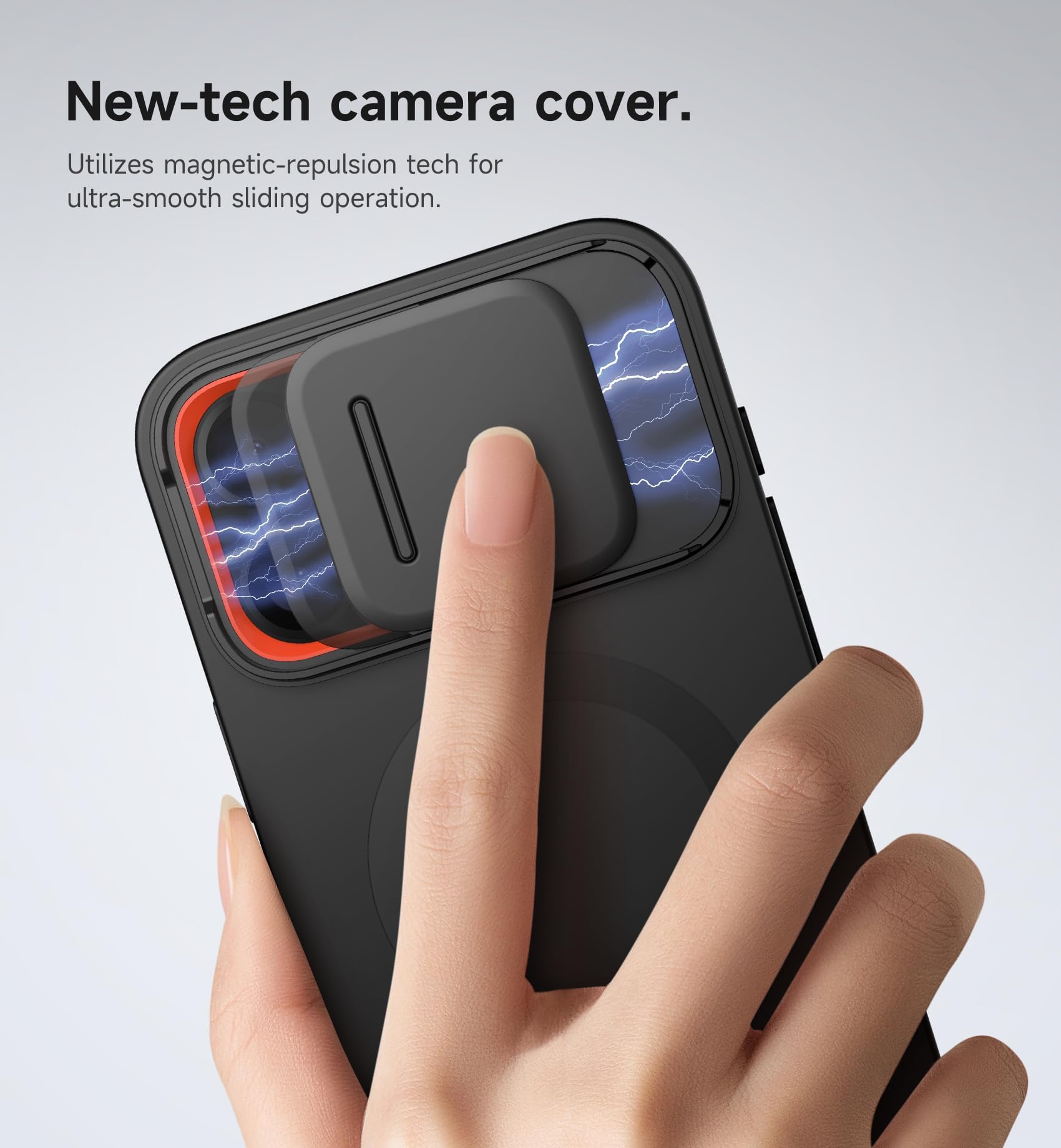 Black SURITCH iPhone 16 Pro Max case with magnetic camera slide cover, adjustable kickstand, shockproof bumper, and MagSafe compatibility.