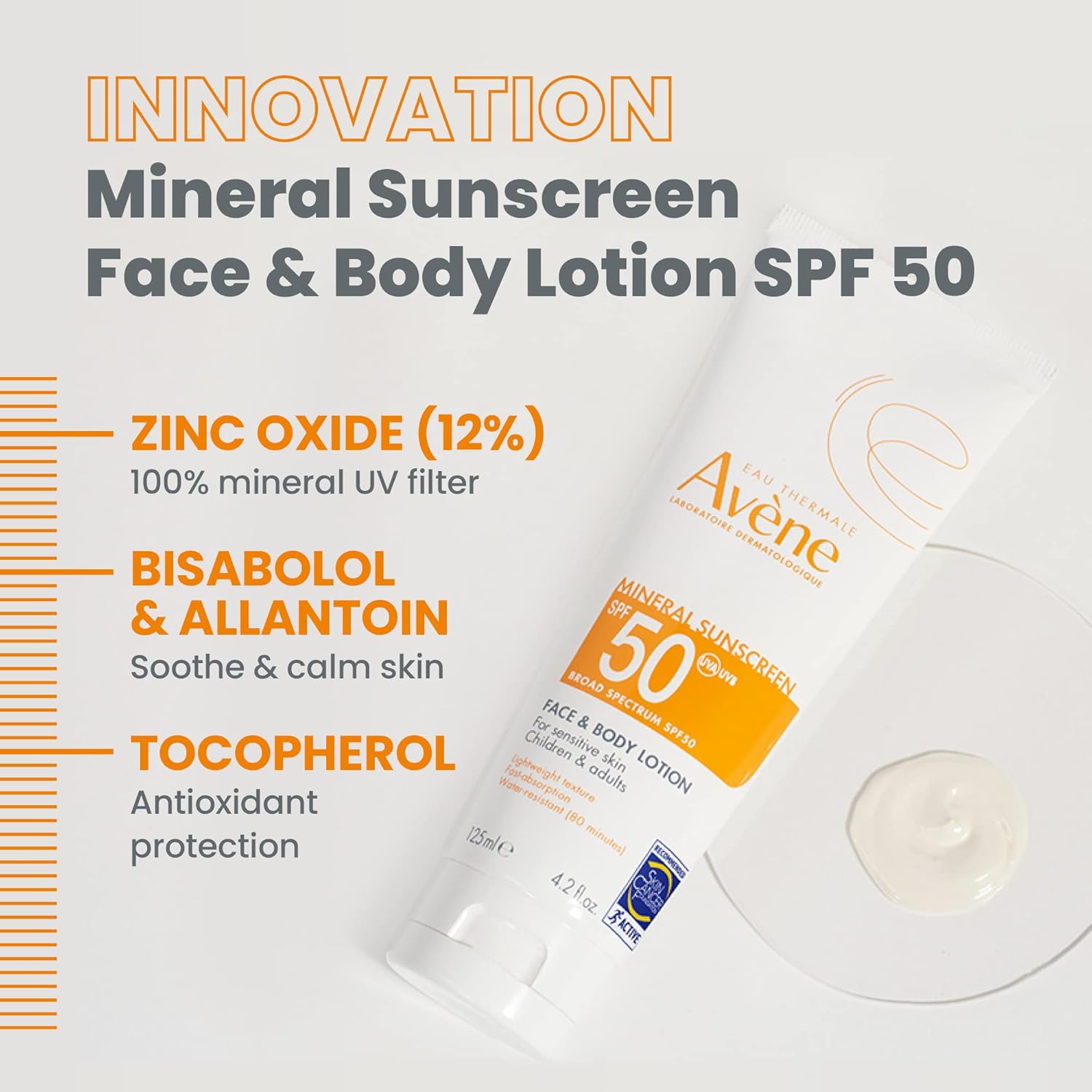 Avène Sheer Mineral Sunscreen SPF 50 face and body lotion in a 4.23 fl oz bottle showing the product label and packaging.
