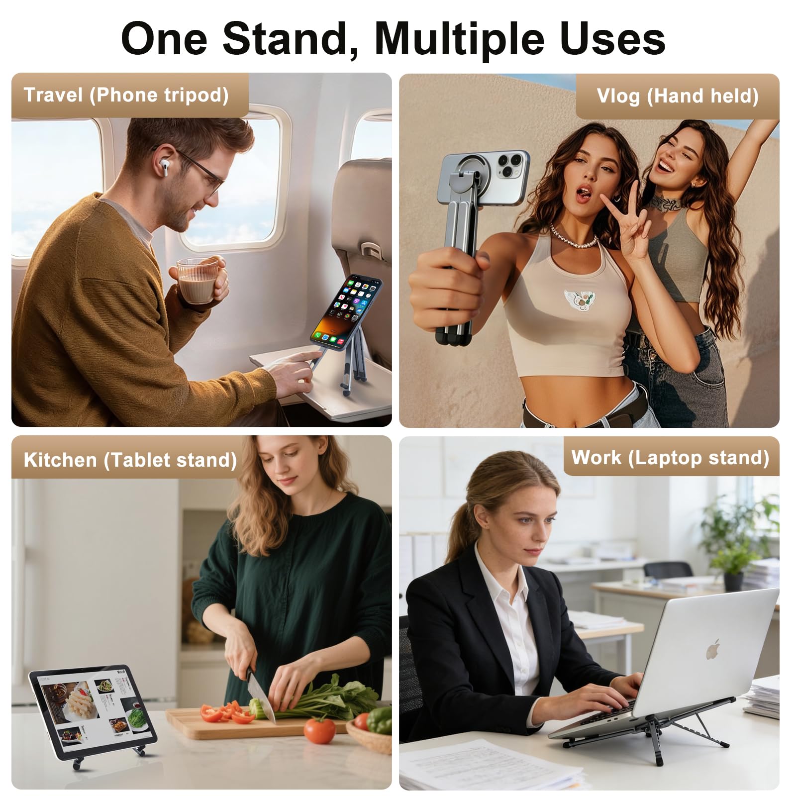 Kosoko 3-in-1 foldable magnetic phone tripod stand with adjustable aluminum holder for tablets, laptops, and smartphones including MagSafe iPhone.