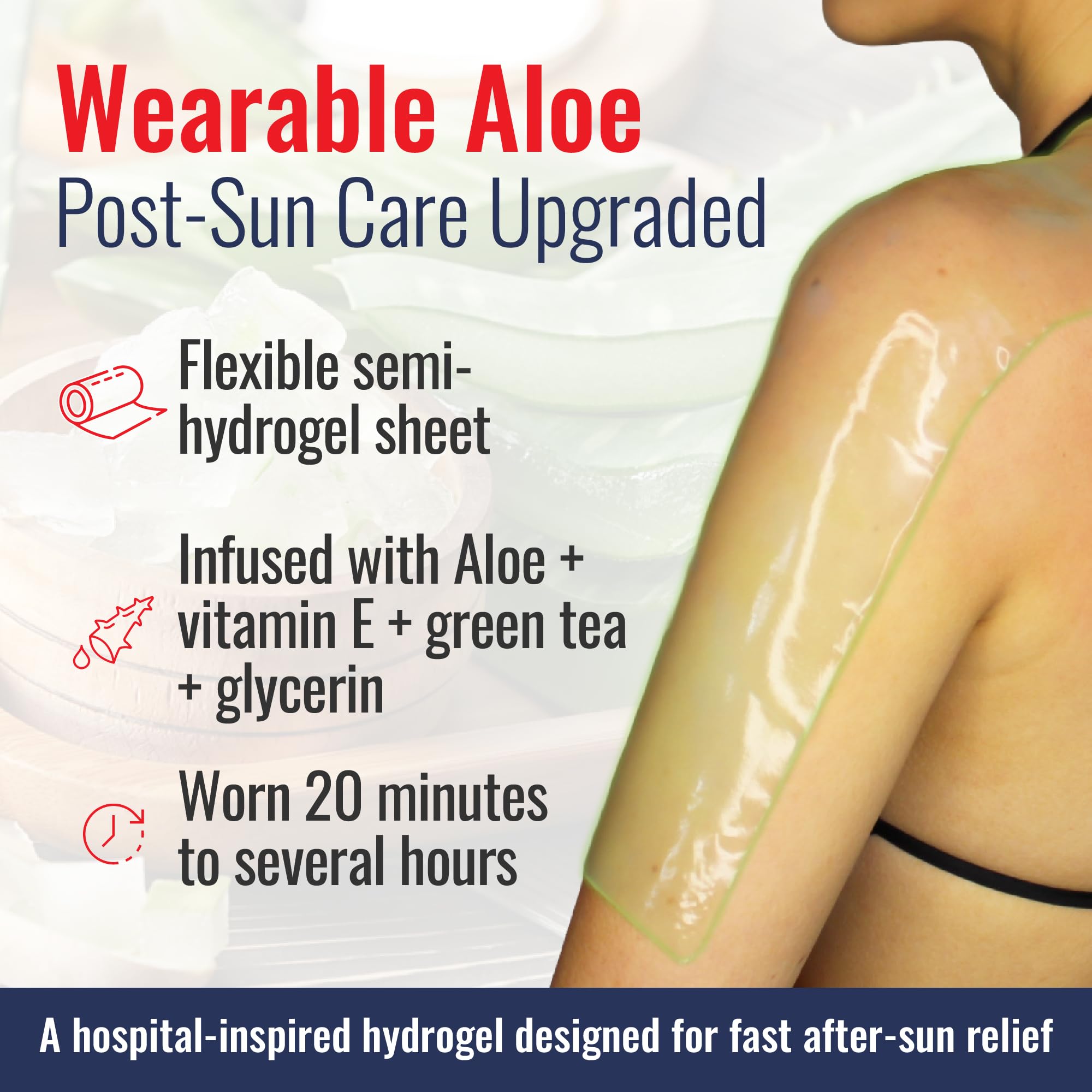 TermaBurn wearable aloe hydrogel wrap for sunburn relief, showing a soothing gel cover on skin in a skincare setting.