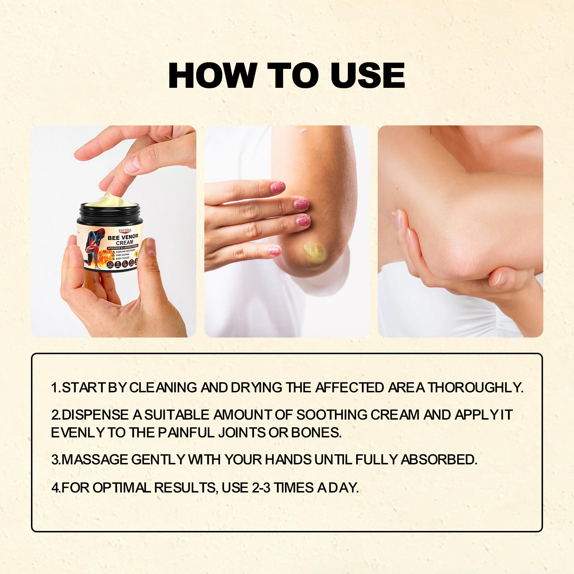 ENVISHA Bee Venom Joint & Bone Cream applied to back, knee, and neck areas, moisturizing skin and soothing joint discomfort.