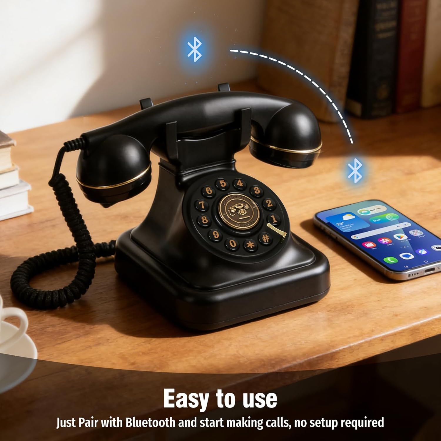 Sangyn Bluetooth retro landline phone with voice assistant, featuring a vintage design and modern wireless connectivity.