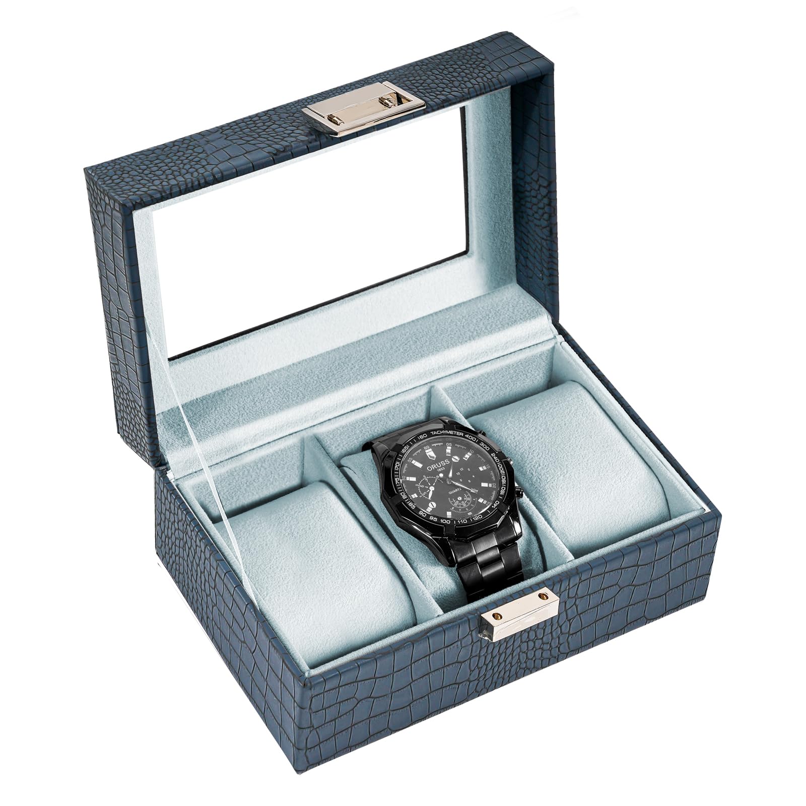 ProCase Watch Box, 3 Slot Mens Watch Display Case, CrocCobaltBlue - Product Imagery
