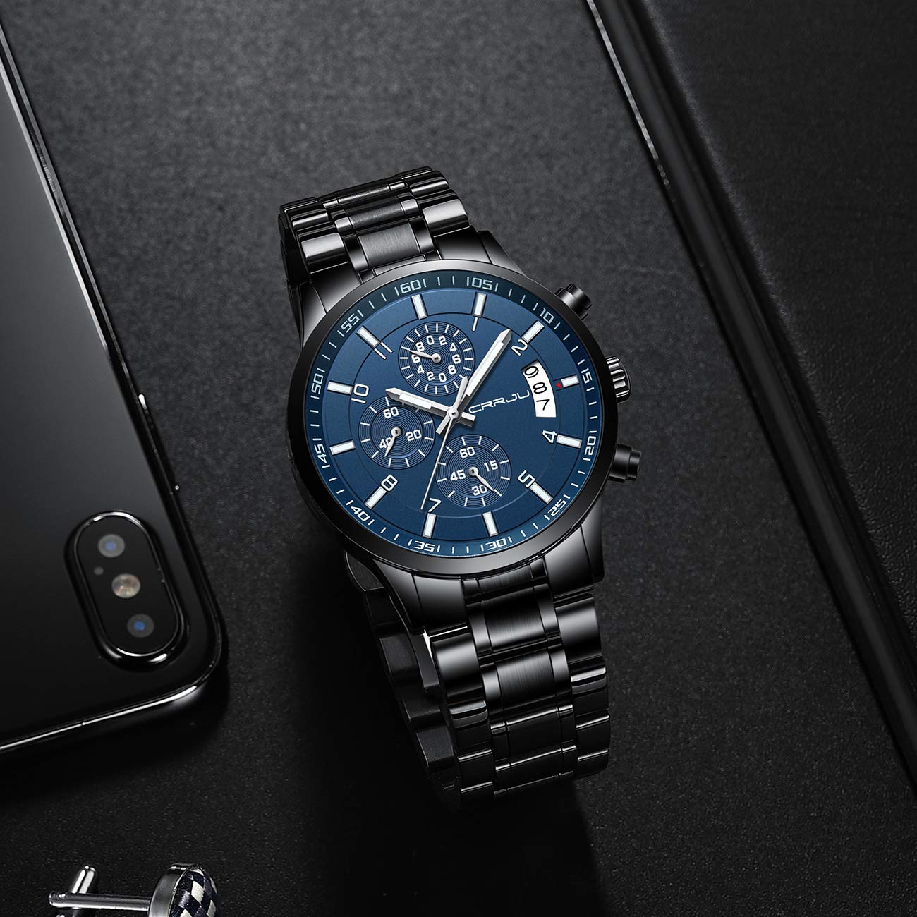 CRRJU Men's Chronograph Watch – Black Steel 3ATM