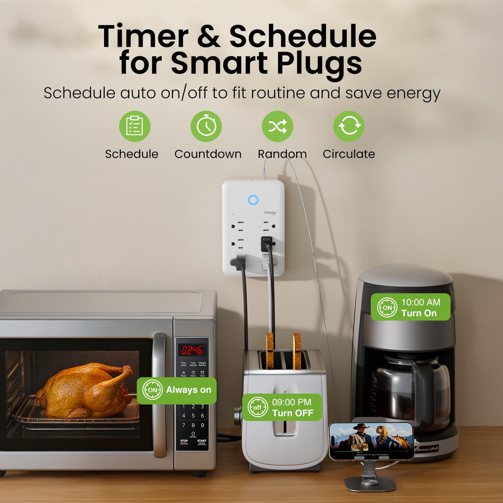 GHome Smart Plug Outlet Extender, USB Wall Charger with 3 Individ - GHome Smart Official Product View 5