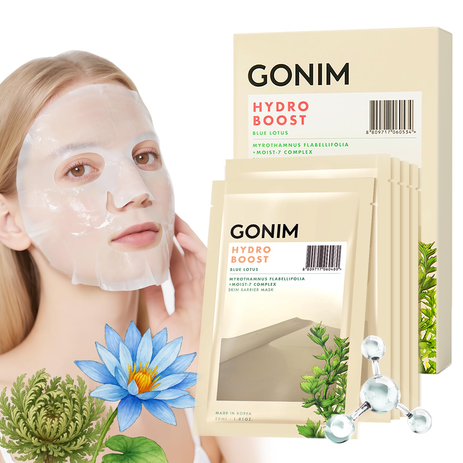 Korean Face Mask, Hydrating Face Mask Sheet with Hyaluronic Acid - GONIM