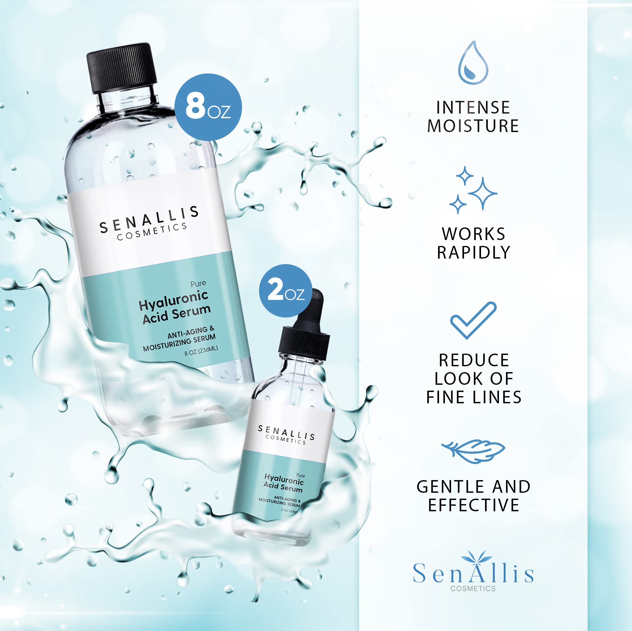 SenAllis Cosmetics Hyaluronic Acid Serum 8 fl oz And 2 fl oz, Made From Pure - SenAllis Cosmetics Official Product View 4