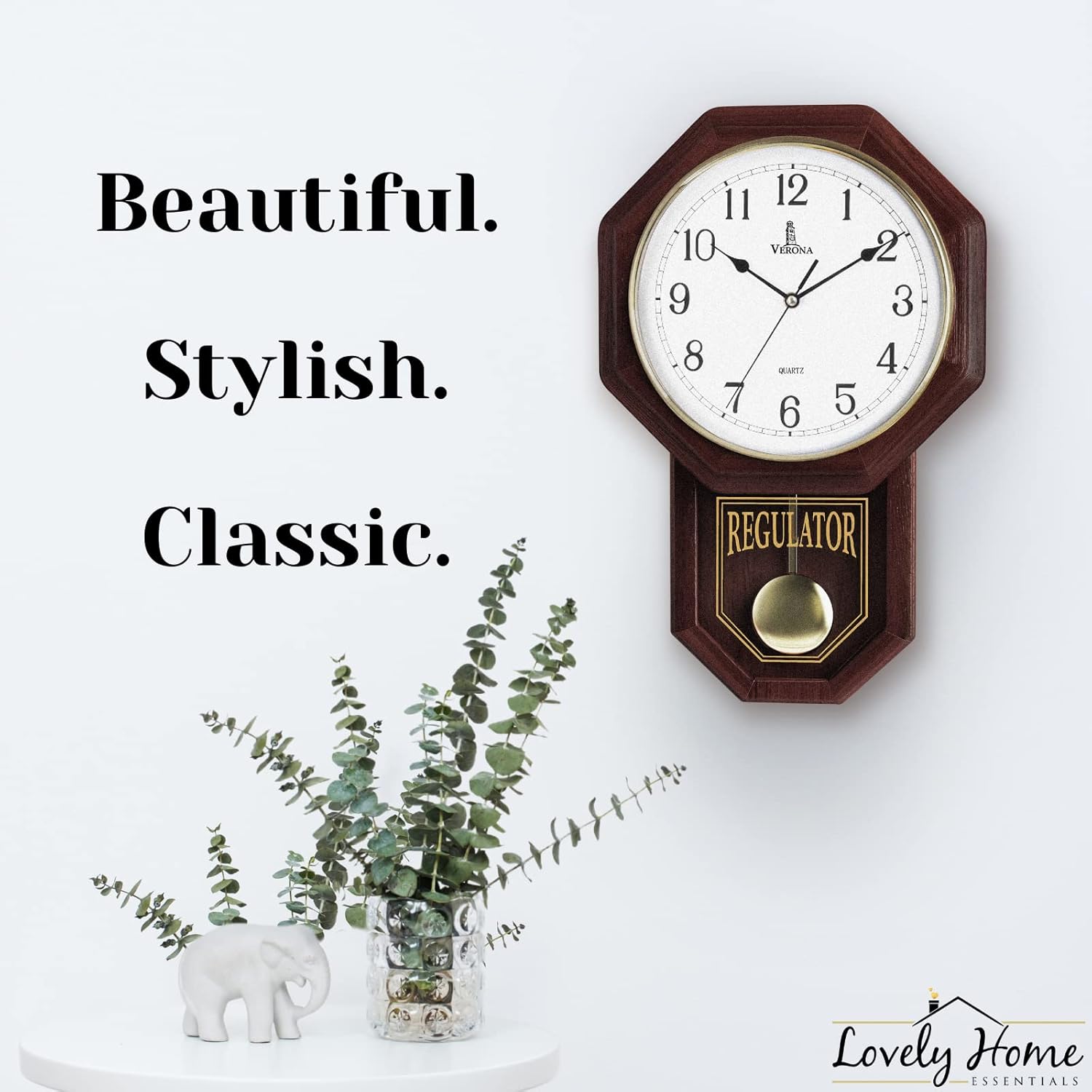 Lovely Home Essentials pendulum wall clock with real wood case, schoolhouse design, and quiet operation, showcasing a classic regulator style.