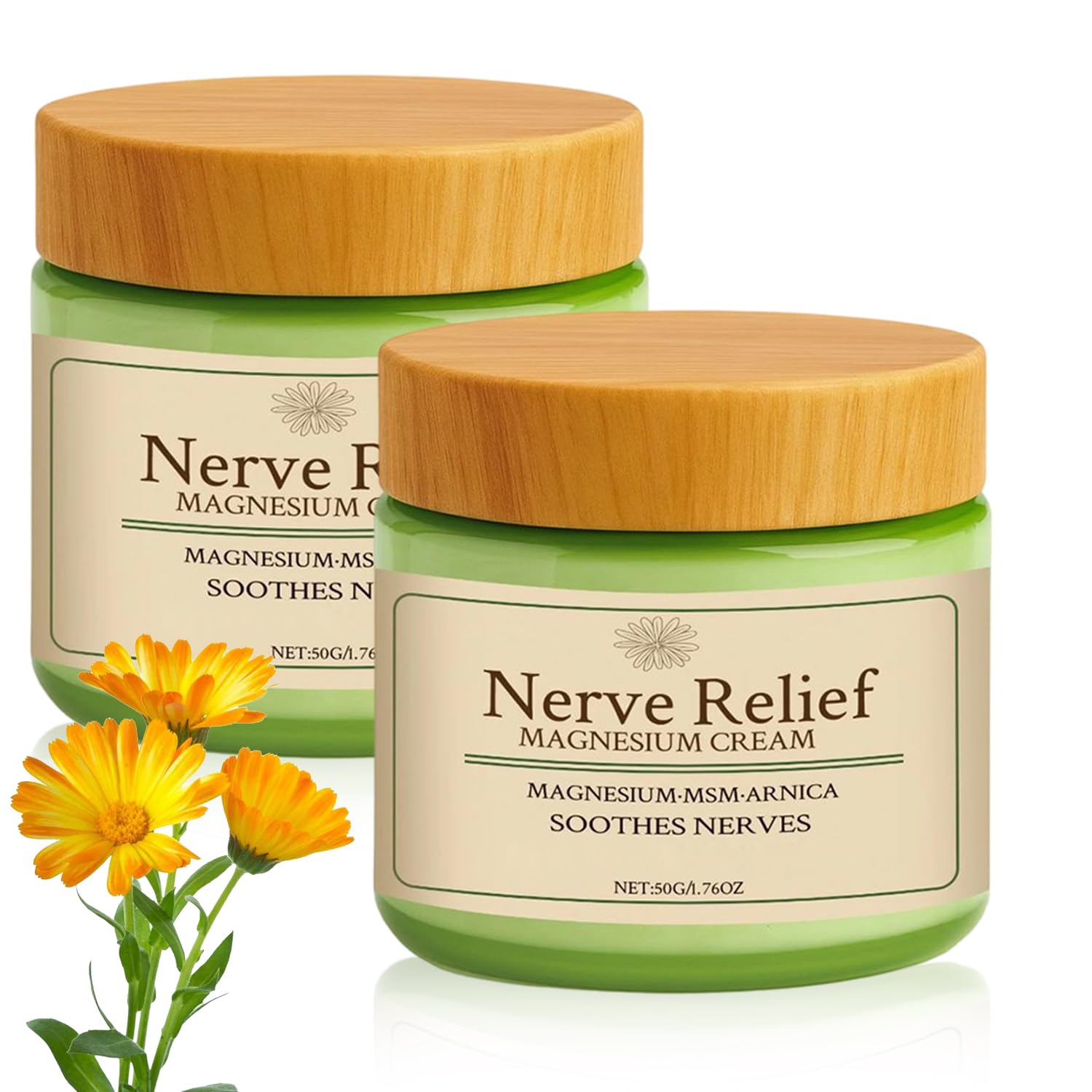 LHBMET Magnesium Cream with MSM and arnica for skin moisturization and relief, shown in a 2-pack container.