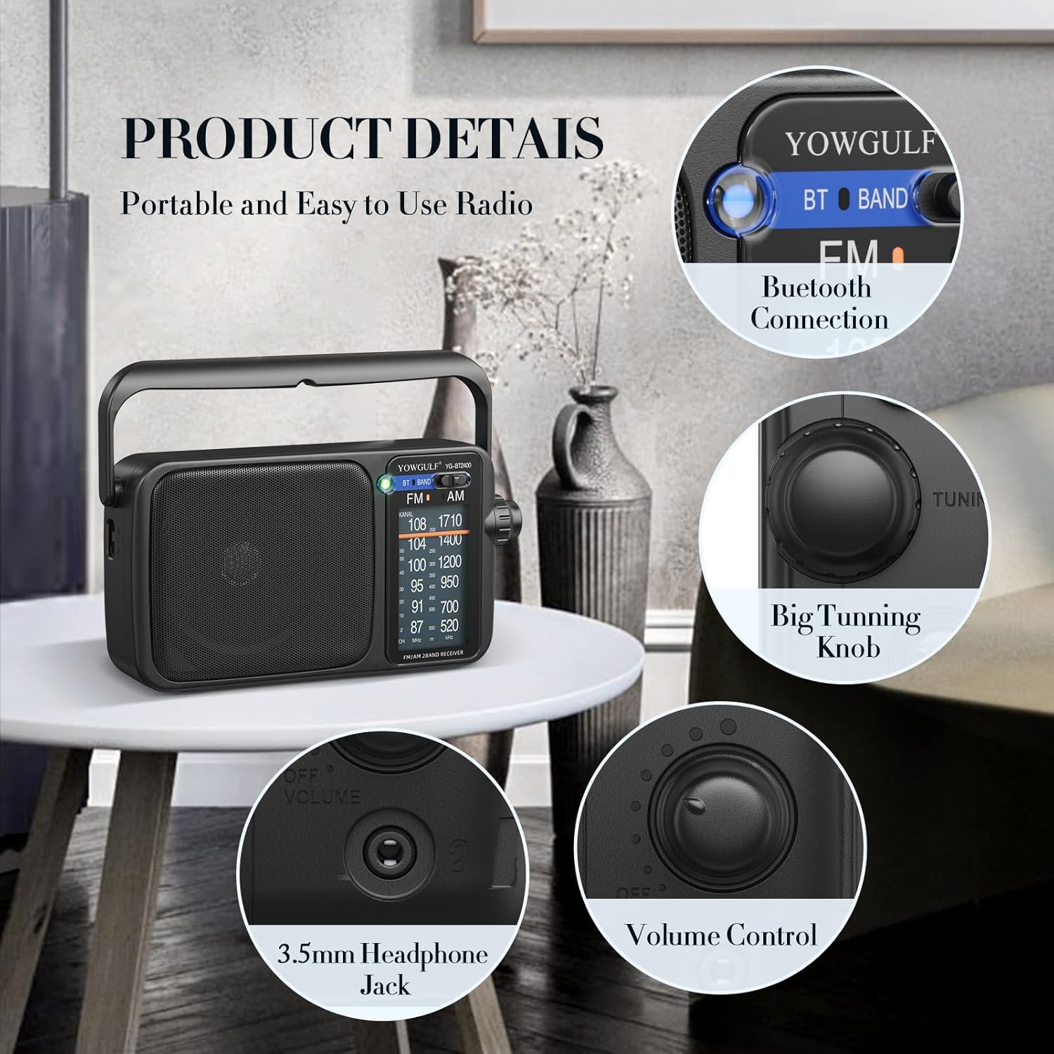 YOWGULF portable AM FM radio with Bluetooth, transistor design, and battery power, showcasing a compact device with dial and controls