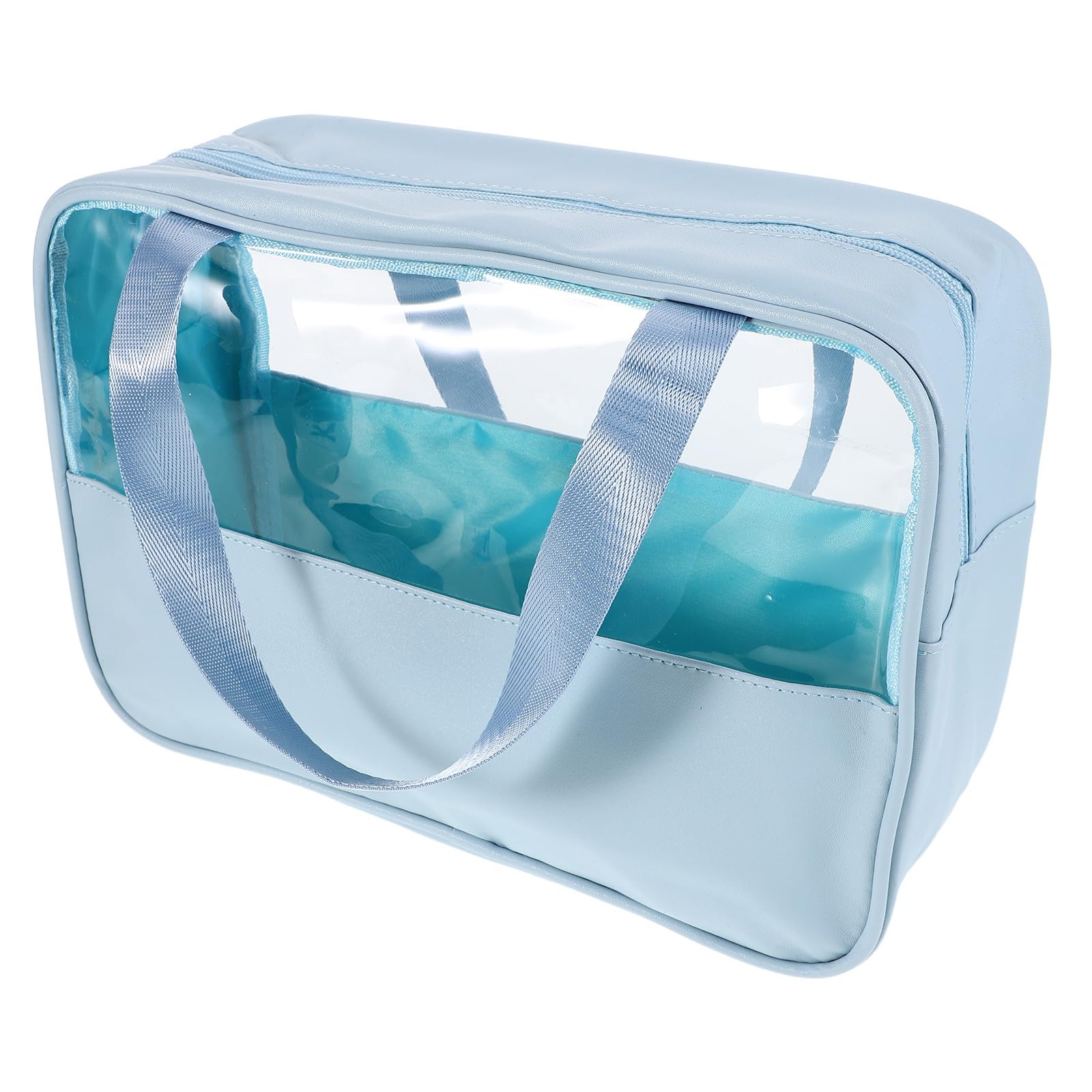 NULYLU Large Waterproof Makeup Bag with Handle Travel Toiletry Organizer Pouch Spacious Blue Cosmetic Bag for Women for Travel and Daily Use