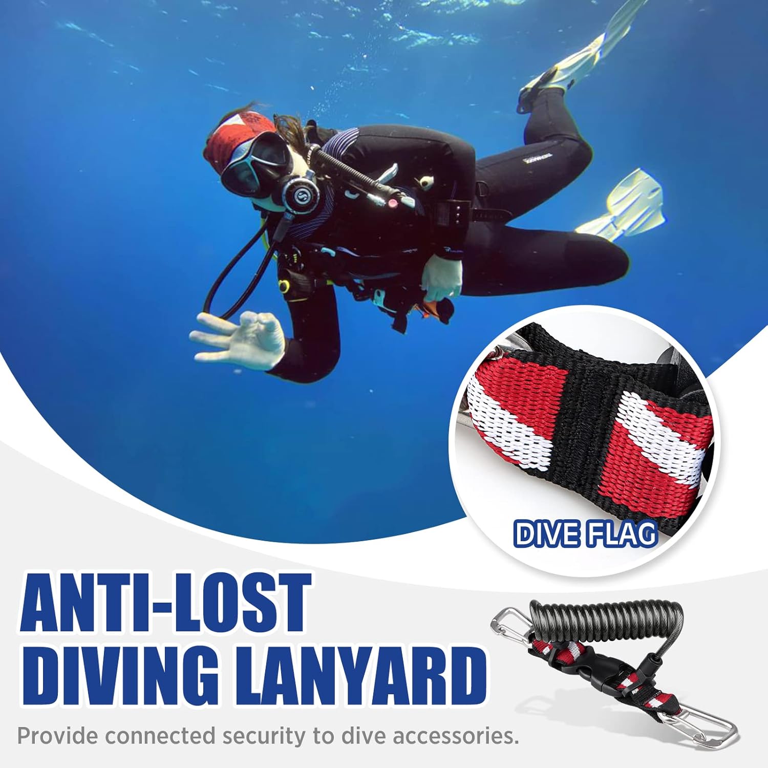 Stainless steel scuba retractable lanyard with double clips and spiral core by OVOVFANY, designed for secure underwater gear attachment.
