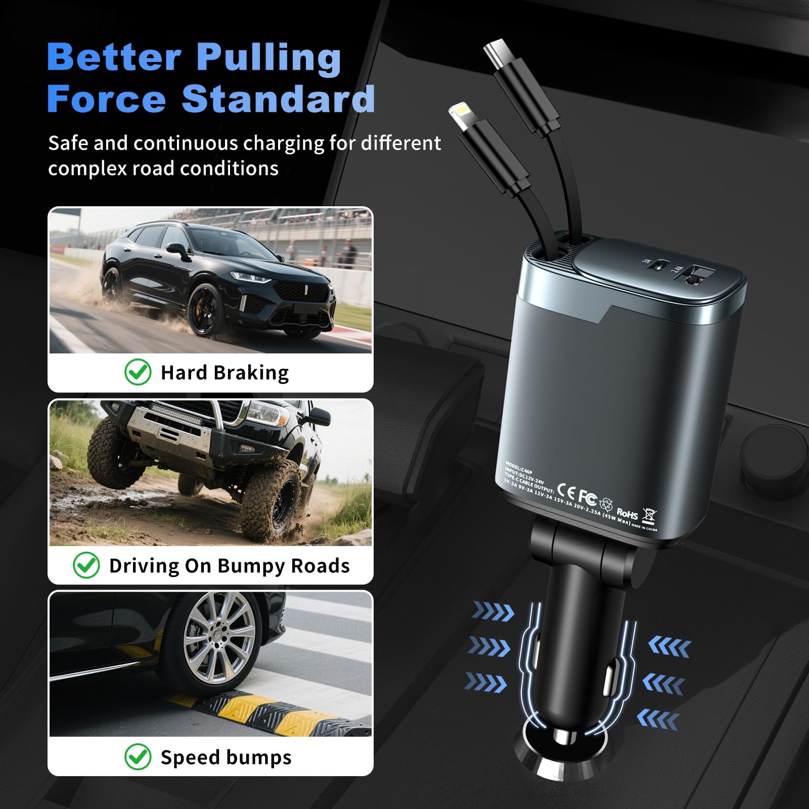 Estbuc 84W Retractable Car Charger, 4-in-1 Car Charger Adapter US - Estbuc Official Product View 5