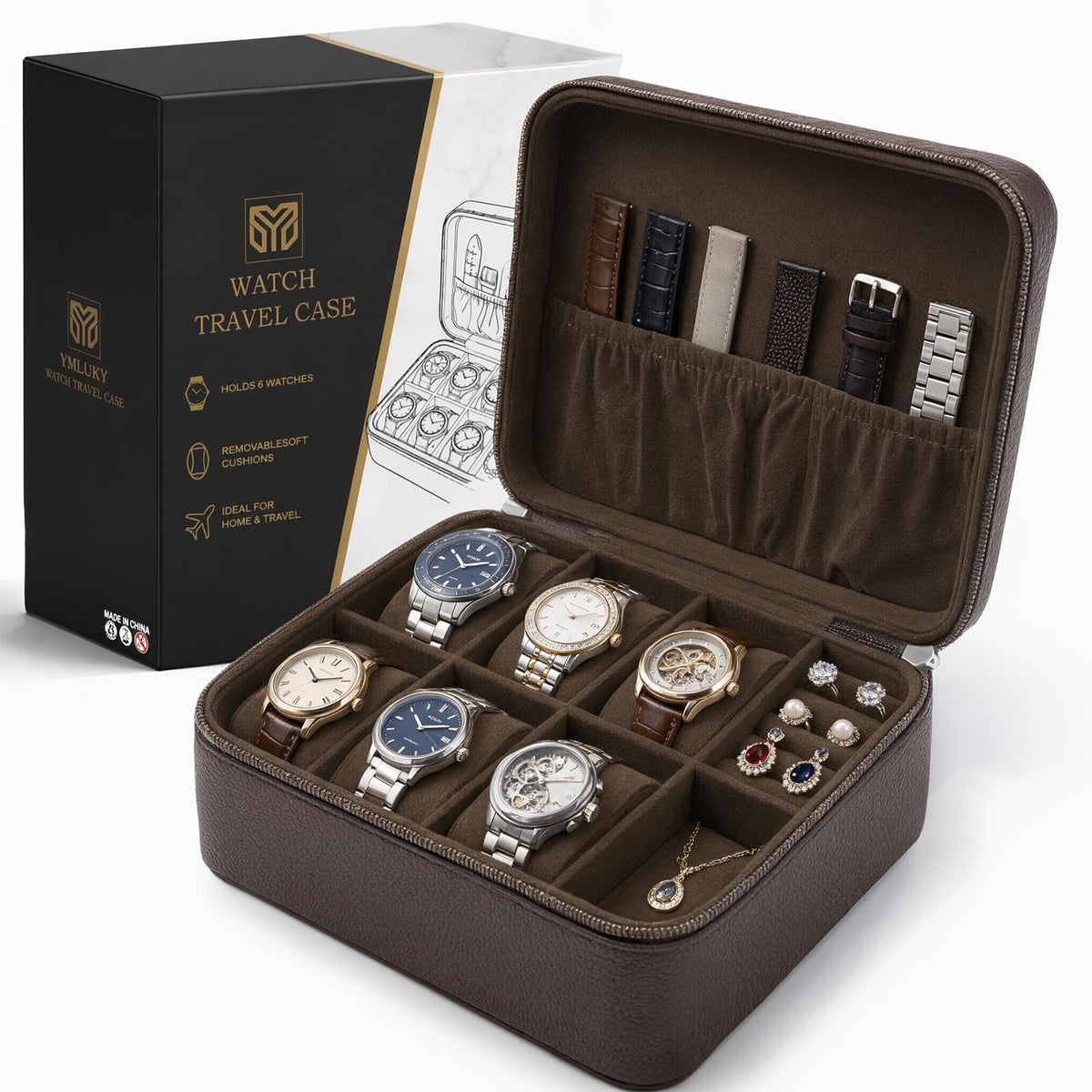 Watch Travel Case Holds 6 Watches Premium Dark Brown Leather - YMluky Official Imagery - 1