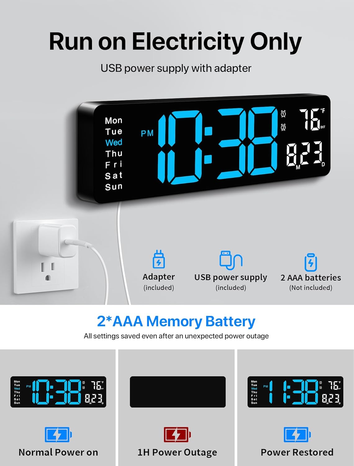 MASHI 16-inch digital wall clock with large display and remote control, showing time in bold black digits on a white background.