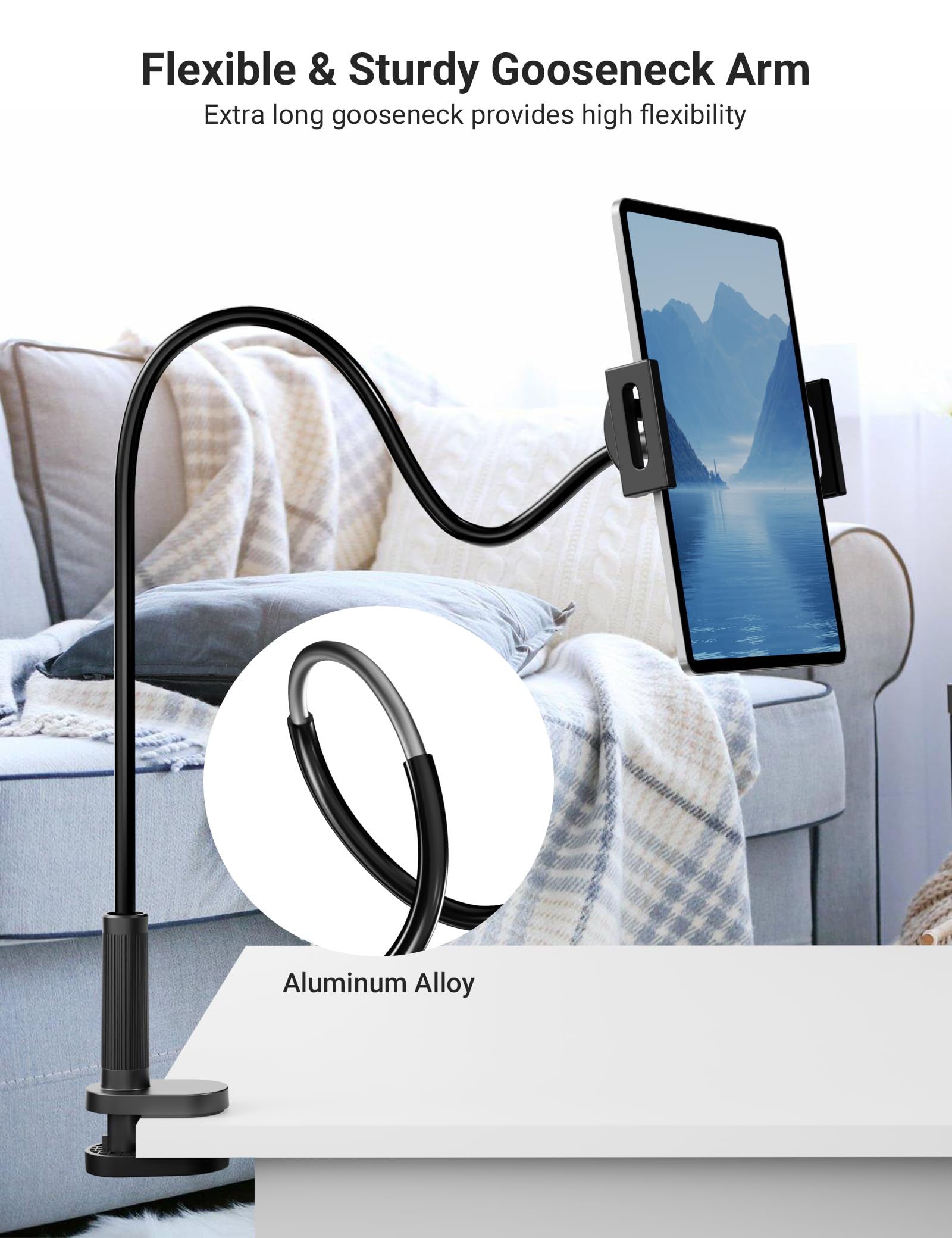 Klsniur flexible gooseneck tablet holder with 360° adjustable phone mount and sturdy clamp for desk, bed, or kitchen use.