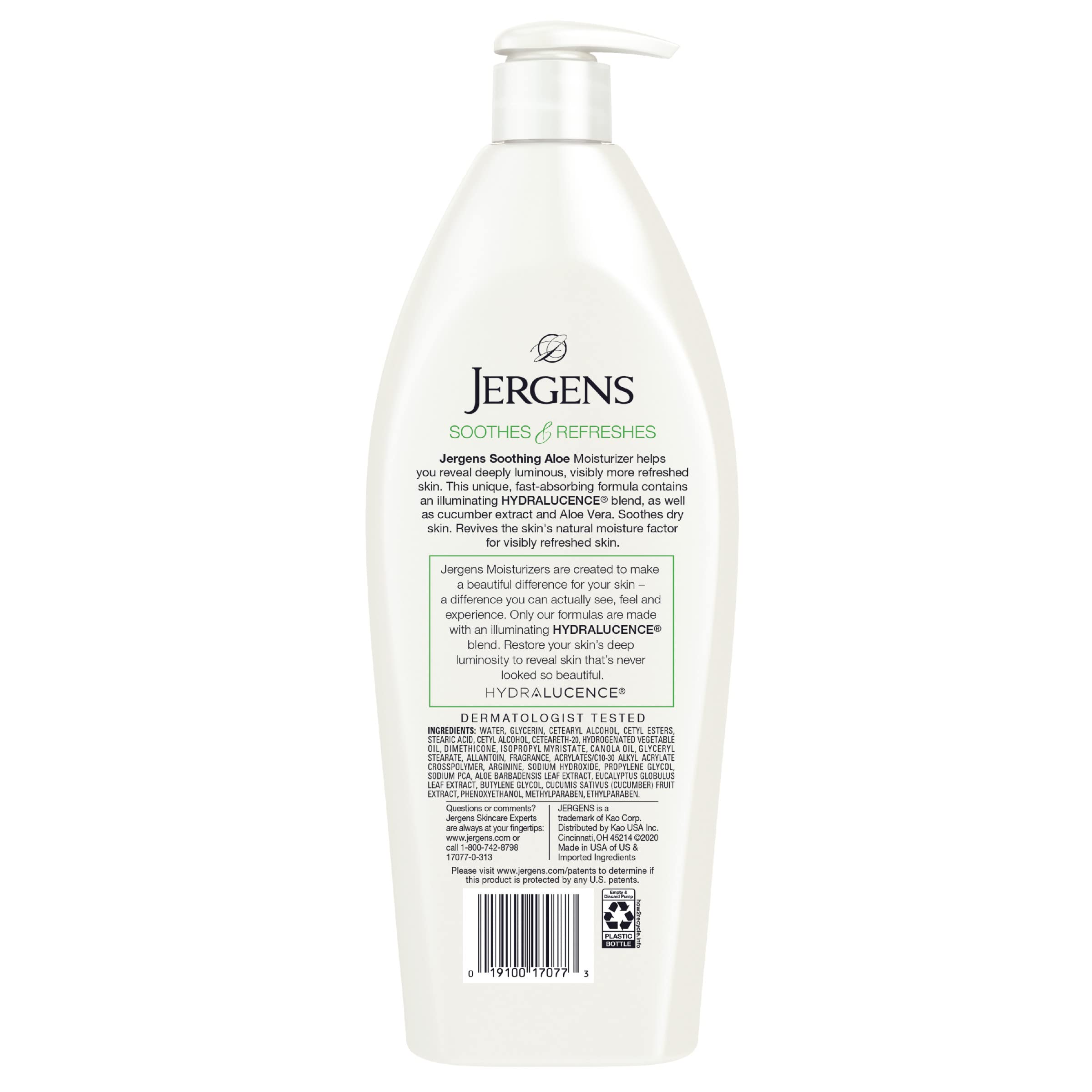 Jergens Soothing Aloe Body Lotion for dry skin relief in a 21 fl oz bottle, featuring aloe vera and moisturizing ingredients.